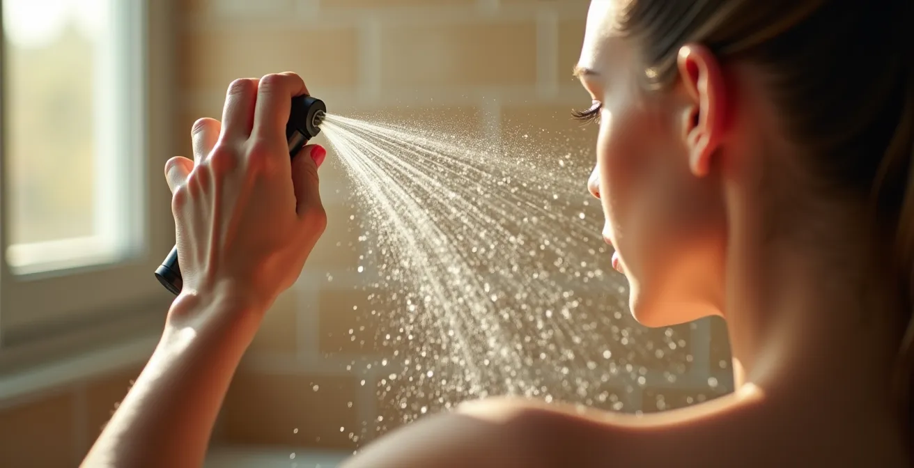 Vue microscopique des écailles de la cuticule capillaire avec gouttelettes d'eau