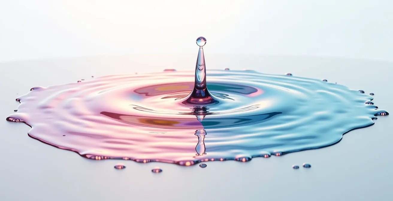 Composition abstraite montrant la séparation huile-eau avec des bulles colorées