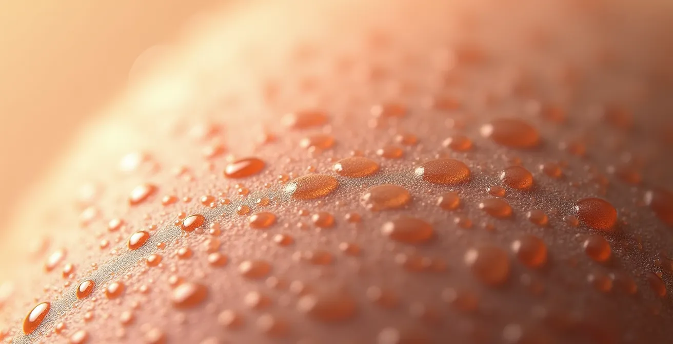 Vue macro du cuir chevelu montrant les glandes sébacées en activité